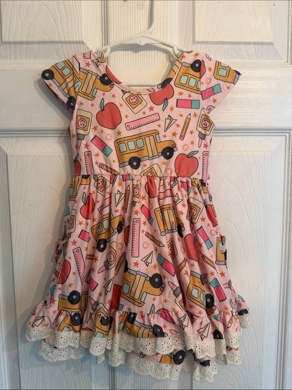 Girls' Cheeky Plum School Bus & Apple Print back to school Dress